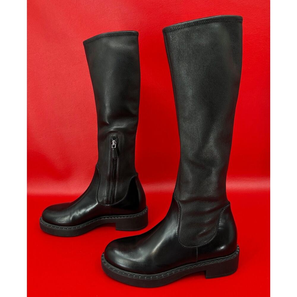 Prada Knee High Black Nappa Leather Stretch Moto Boots Size 36 1/2 Made Italy - Picture 8 of 15